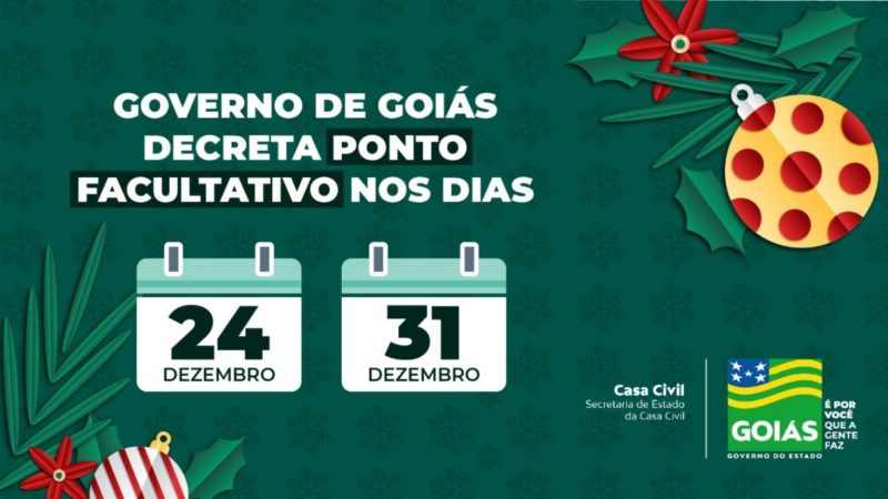 Dias 24 e 31 de dezembro serão ponto facultativo no Estado