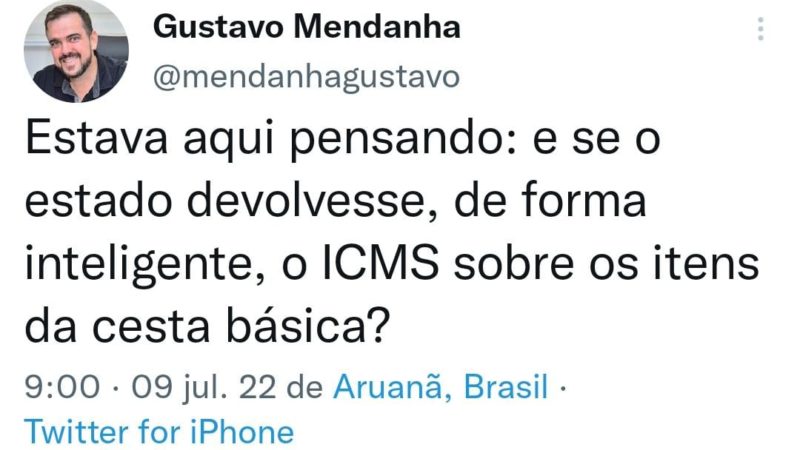 Mendanha propõe cashback do ICMS sobre os itens da cesta básica